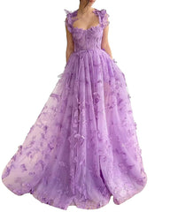 Long Tulle Prom Dress with 3D Butterflies Floor Length Formal Evening Party Gowns for Women
