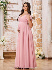A-line V-neck Empire Chiffon Long Dresses with Cap Sleeves Dusty Rose