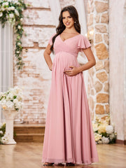 A-line V-neck Empire Chiffon Long Dresses with Cap Sleeves Dusty Rose