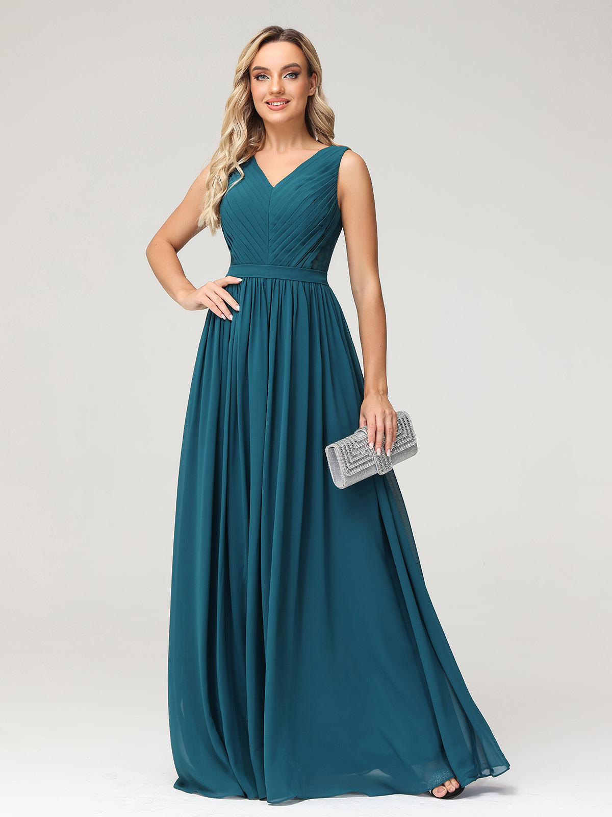 V-neck Chiffon Dresses with Lace Back-Peacock