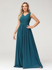 V-neck Chiffon Dresses with Lace Back-Peacock