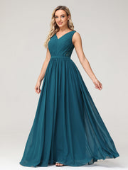 V-neck Chiffon Dresses with Lace Back-Peacock