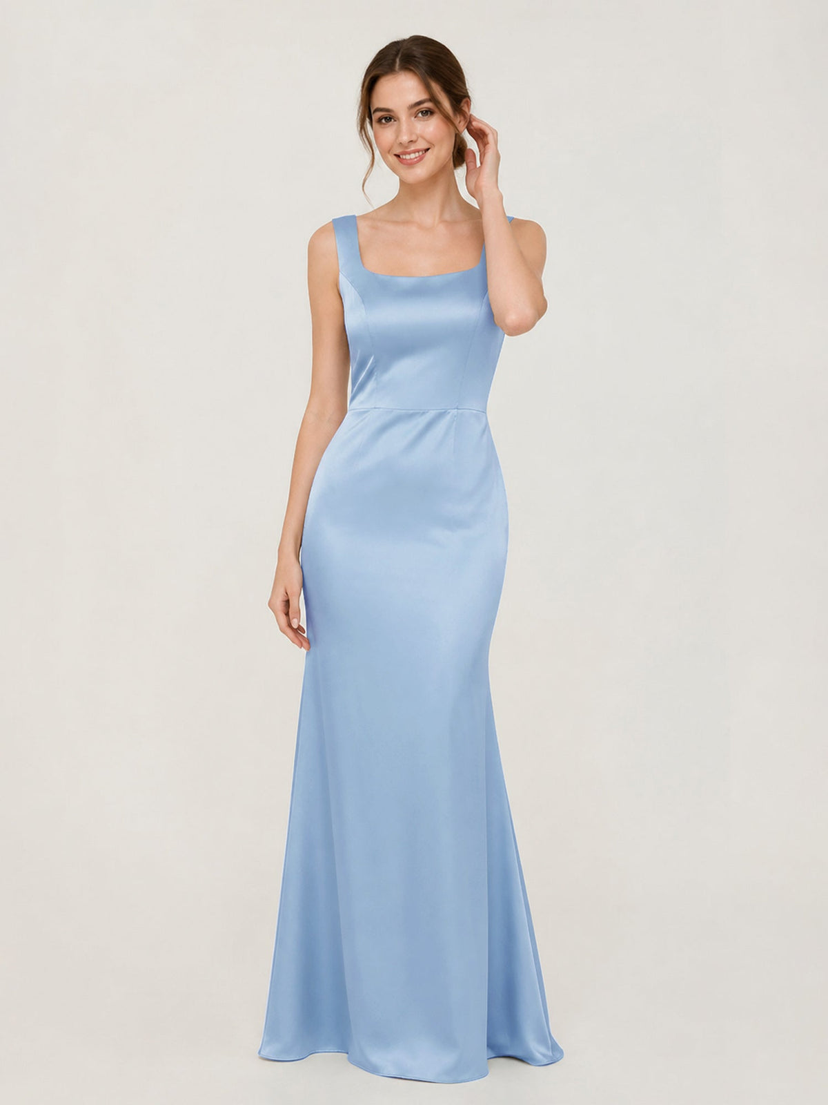 Square Neck Satin Mermaid Gown with Back Bow Detail Sky Blue