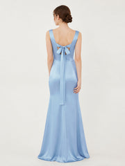 Square Neck Satin Mermaid Gown with Back Bow Detail Sky Blue