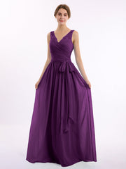 Lace Straps Long Chiffon Dresses with Bow Sash-Grape