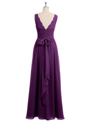 Lace Straps Long Chiffon Dresses with Bow Sash-Grape