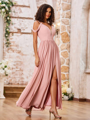 Spaghetti Straps Deep V-neck Maxi Dresses with Slit Dusty Rose