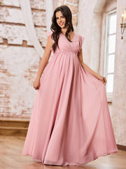 A-line V-neck Long Chiffon Empire Bridesmaid Dresses Dusty Rose
