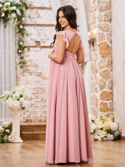 A-line V-neck Long Chiffon Empire Bridesmaid Dresses Dusty Rose
