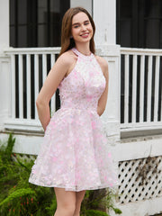 Halter Flowers Appliqued Short Dress with Beaded Blushing Pink