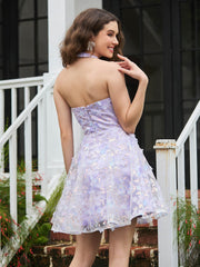 Halter Flowers Appliqued Short Dress with Beaded Lilac