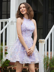 Halter Flowers Appliqued Short Dress with Beaded Lilac