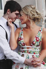 A Line V Neck Ivory Lace Prom Dresses with Embroidery Printed Evening Dresse TP0914