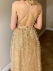 A Line V Neck Light Champagne Lace Prom Dresses, Formal Graduation Dresses TP1101