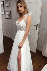 A Line V Neck Straps Tulle Split Wedding Dress/Bridal Gown with Lace TN274