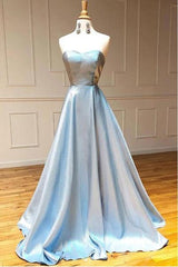 A Line  Simple Light Blue Satin Strapless Long Prom/Formal Dress TP0931