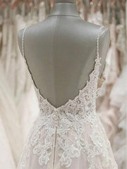 A Line Spaghetti Straps Tulle Wedding Dresses Appliqued Bridal Dresses TN189