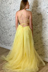 A Line Spaghetti Straps Yellow Split Long Prom Dress With Lace Appliques TP0987