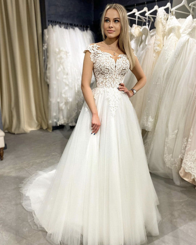 A-line Tulle Wedding Dresses Lace Cap Sleeves