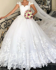 Lace Embroidery Wedding Dress Ball Gown Cap Sleeves