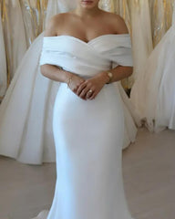 Mermaid Off The Shoulder Pleated Satin Wedding Dress