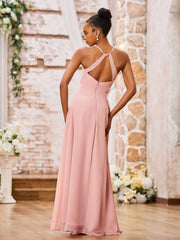 A-line Spaghetti Straps Sexy Chiffon Gowns with Slit Dusty Rose