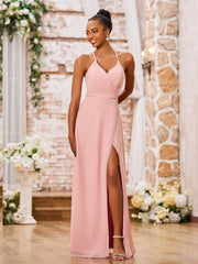 A-line Spaghetti Straps Sexy Chiffon Gowns with Slit Dusty Rose