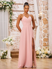 A-line Spaghetti Straps Sexy Chiffon Gowns with Slit Dusty Rose