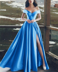 Long A-line Satin Prom Dresses Off Shoulder