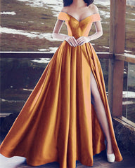 Long A-line Satin Prom Dresses Off Shoulder