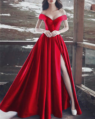 Long A-line Satin Prom Dresses Off Shoulder