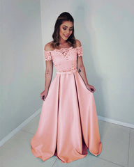 Long Formal Dresses Lace Off The Shoulder Satin Gown