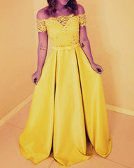 Long Formal Dresses Lace Off The Shoulder Satin Gown