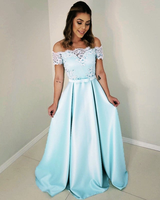 Long Formal Dresses Lace Off The Shoulder Satin Gown