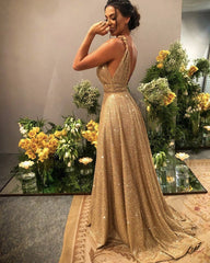 Long Gold Sparkly Prom Dresses V-neck