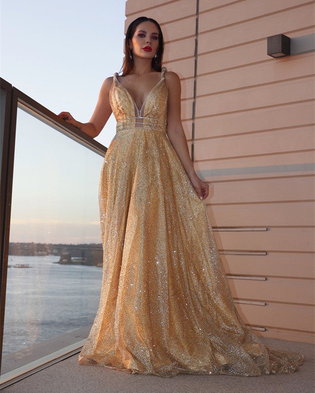 Long Gold Sparkly Prom Dresses V-neck