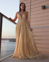Long Gold Sparkly Prom Dresses V-neck