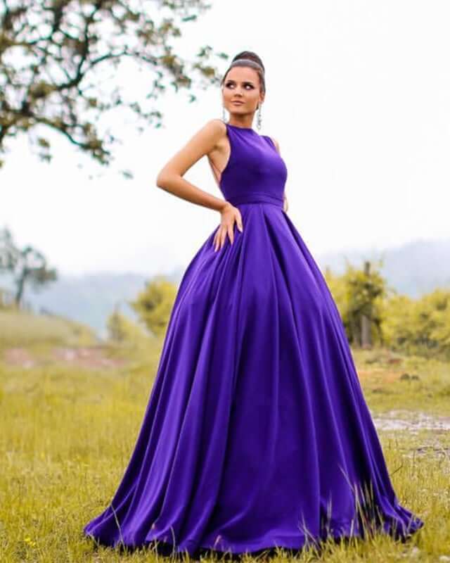 Long Purple Prom Dresses Satin Open Back