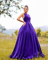 Long Purple Prom Dresses Satin Open Back