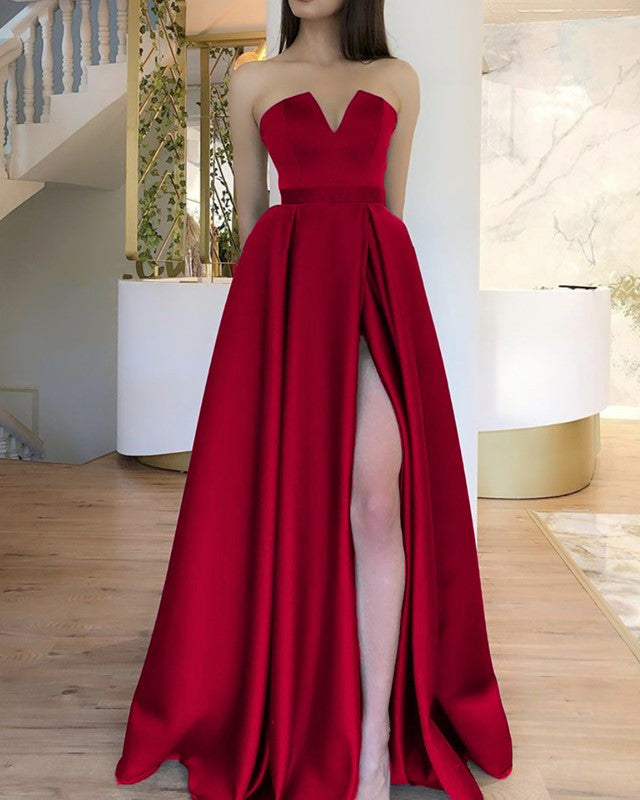 Strapless Floor Length Satin Split Dress