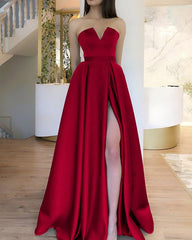 Strapless Floor Length Satin Split Dress