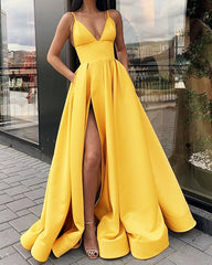 Long Satin Split Prom Dresses With Pockets