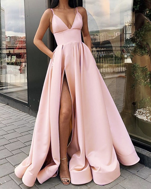 Long Satin Split Prom Dresses With Pockets