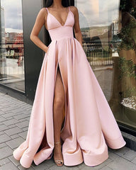 Long Satin Split Prom Dresses With Pockets