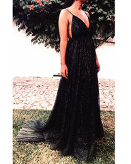 Long Sequins Evening Dresses Plunge V-neck Prom Gowns