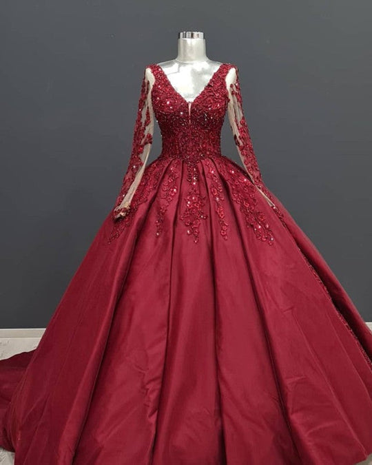 Long Sleeves Burgundy Satin Quince Dresses Plus Size Lace Appliques Bridal Gown