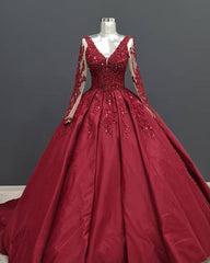 Long Sleeves Burgundy Satin Quince Dresses Plus Size Lace Appliques Bridal Gown