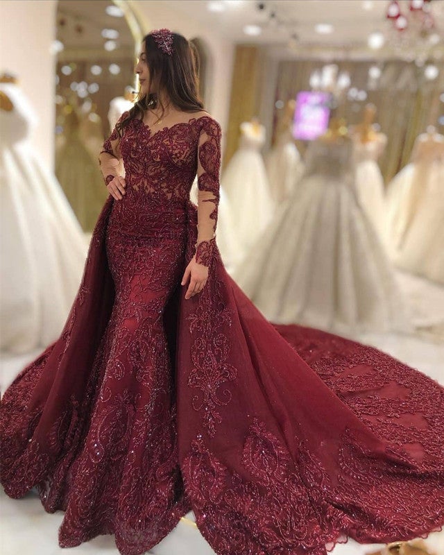 Long Sleeves Mermaid Lace Evening Dress Sweep Train