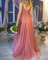 Long Tulle V Neck Split Dresses Sequin Beaded
