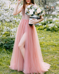 Long Tulle V Neck Split Dresses Sequin Beaded